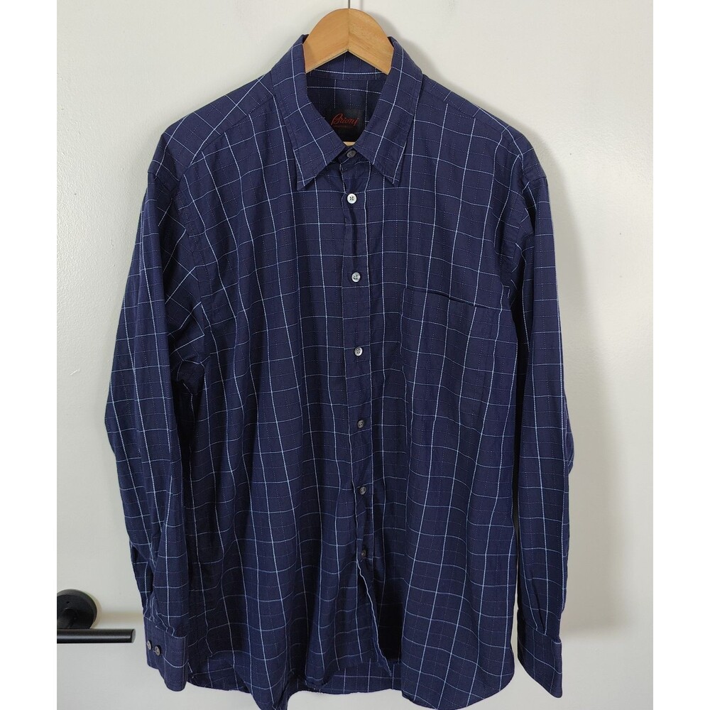 Brioni Button Down Cotton Shirt Blue Windowpane Mens Size XL Made in Italy